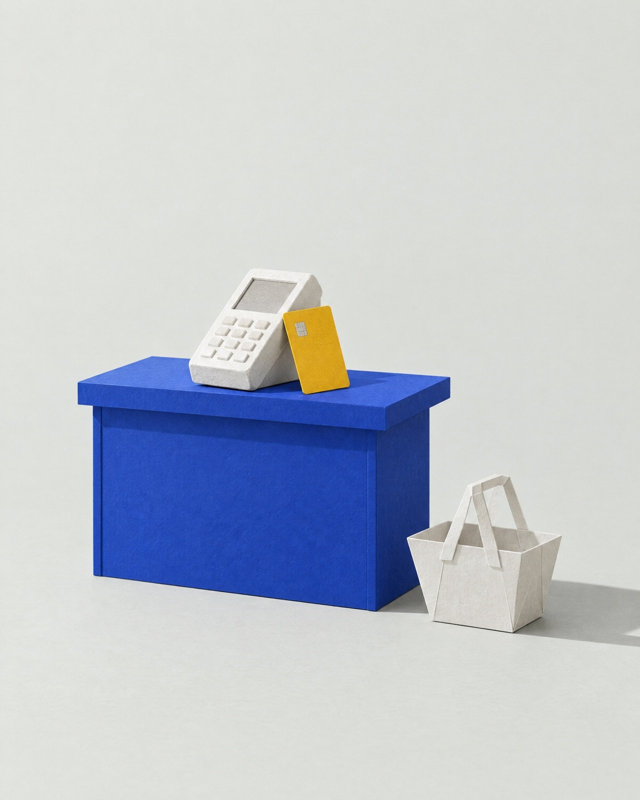 A blue paper shop counter with a white card terminal, a yellow card and a small paper basket