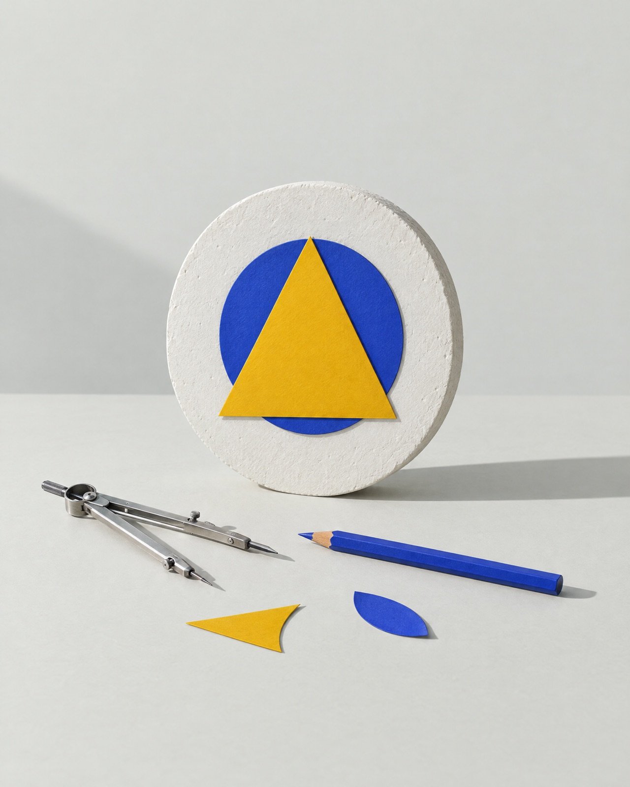 A yellow paper triangle over a blue circle on a white plaster disc, with a compass and pencil