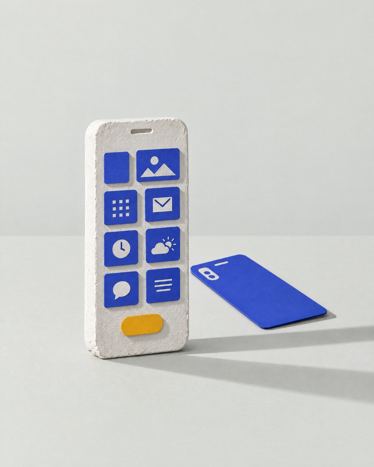 A white plaster phone covered in blue paper app tiles, with a blue phone-shaped card behind it