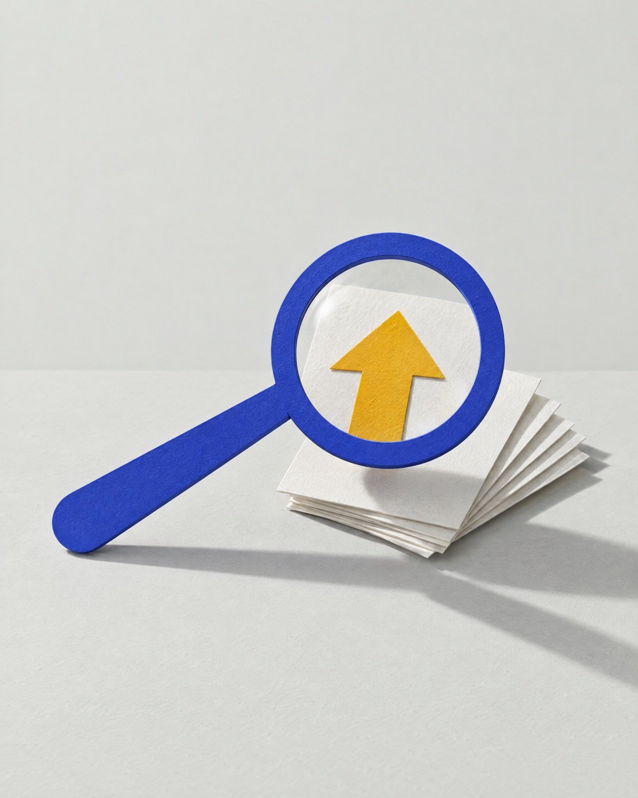A blue paper magnifying glass over a stack of white cards showing a yellow upward arrow