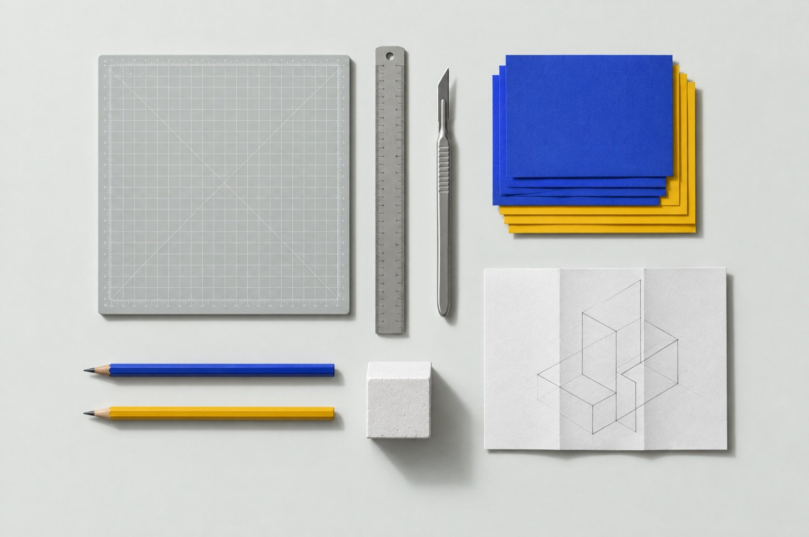 A workbench laid out neatly: cutting mat, ruler, scalpel, pencils and blue and yellow paper swatches