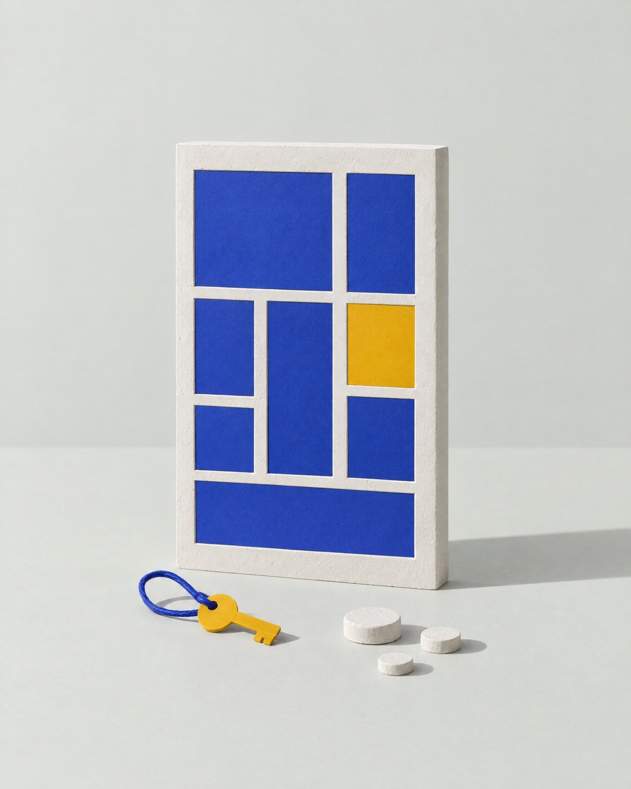 A white plaster panel divided into blue and yellow tiles like a dashboard, with a yellow key in front